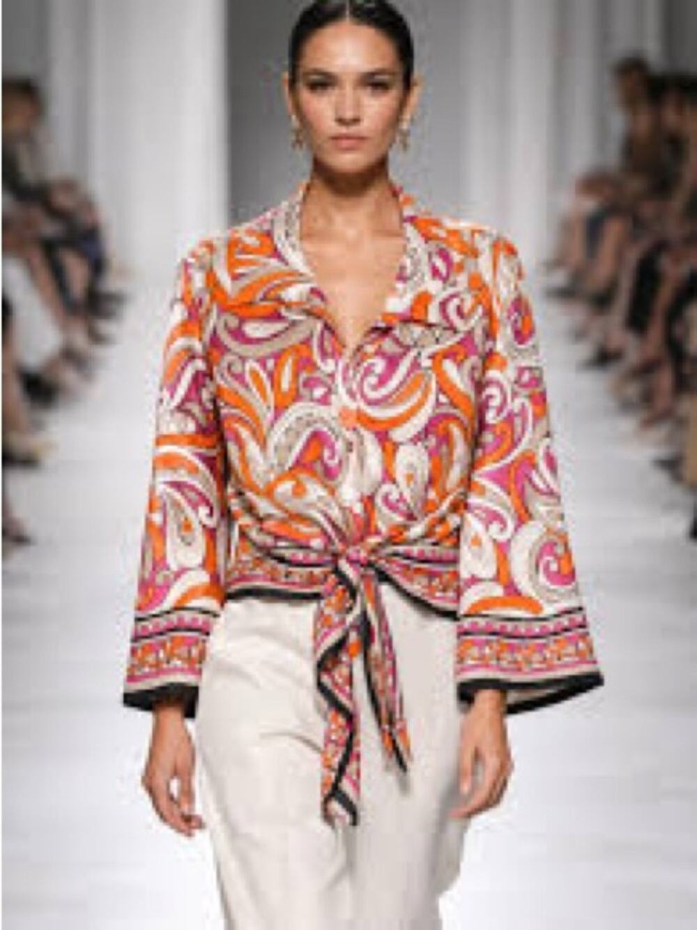 Joseph Ribkoff Pink Orange Paisley Tie Front Blouse Retro 70s Groovy Girl